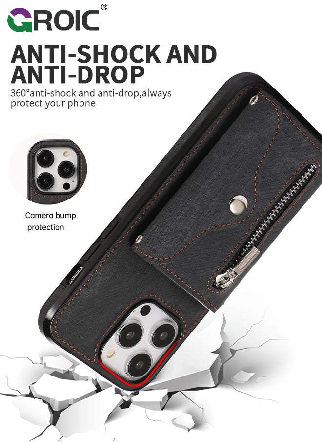 iPhone 15 Pro Max Wallet Case for Women, Support Wireless Charging with RFID Blocking Card Holder, PU Leather Zipper Wallet Detachable Shockproof Magnetic Phone Case with Wrist Strap