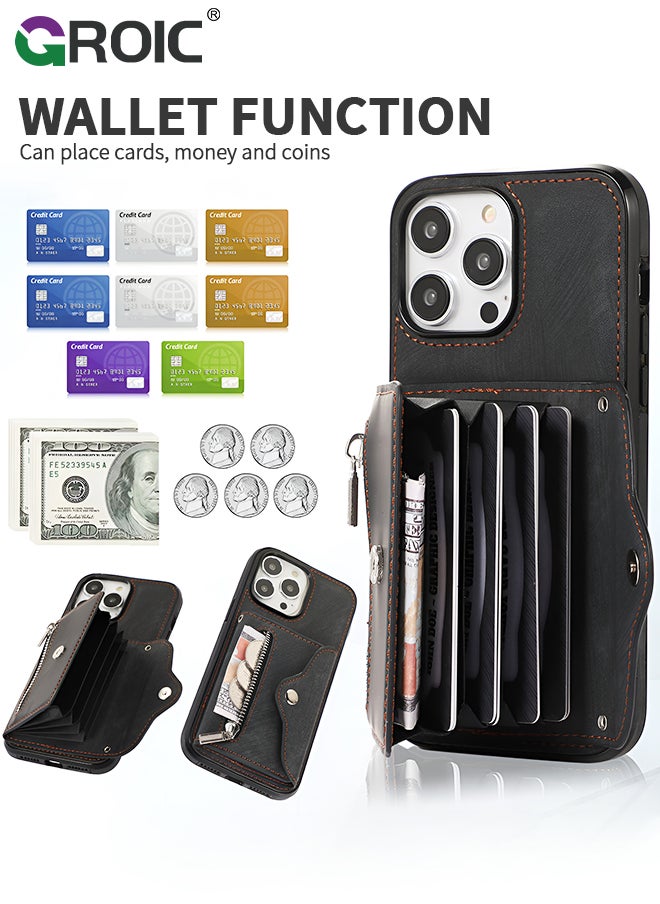 iPhone 15 Pro Max Wallet Case for Women, Support Wireless Charging with RFID Blocking Card Holder, PU Leather Zipper Wallet Detachable Shockproof Magnetic Phone Case with Wrist Strap