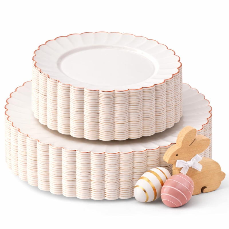 By Madee HEAVYWEIGHT 60 Pc Ivory Scalloped Plastic Plates with Rose Gold Trim | 30 Dinner & 30 Dessert Plates | Perfect for Weddings Bridal Showers or Any Special Moments - Image 1
