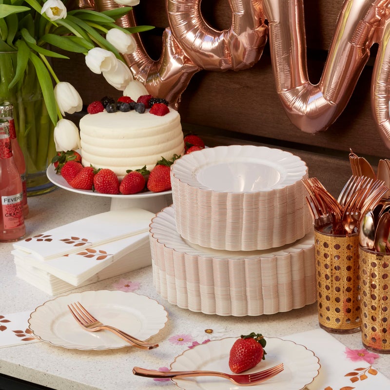 By Madee HEAVYWEIGHT 60 Pc Ivory Scalloped Plastic Plates with Rose Gold Trim | 30 Dinner & 30 Dessert Plates | Perfect for Weddings Bridal Showers or Any Special Moments - Image 4
