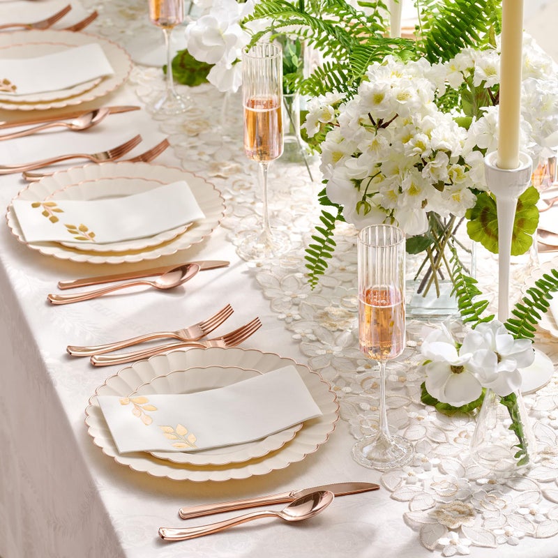 By Madee HEAVYWEIGHT 60 Pc Ivory Scalloped Plastic Plates with Rose Gold Trim | 30 Dinner & 30 Dessert Plates | Perfect for Weddings Bridal Showers or Any Special Moments - Image 2