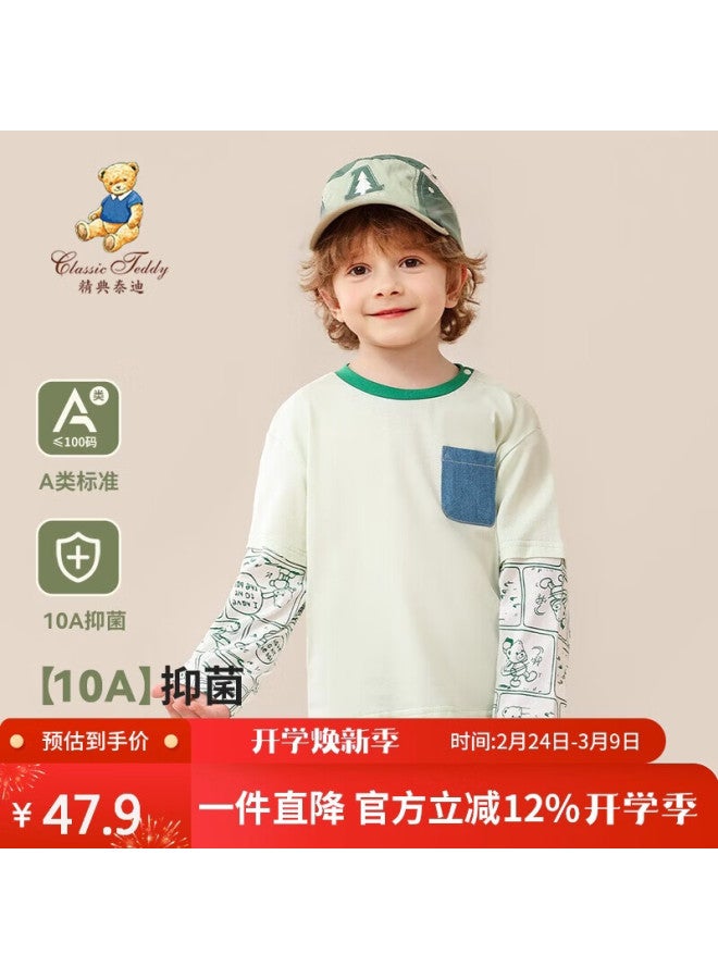 Classic Teddy Boys' Long Sleeve T-shirt Children's Spring Cotton Fake Two-piece Base Shirt Light Green Size 90 - Image 1