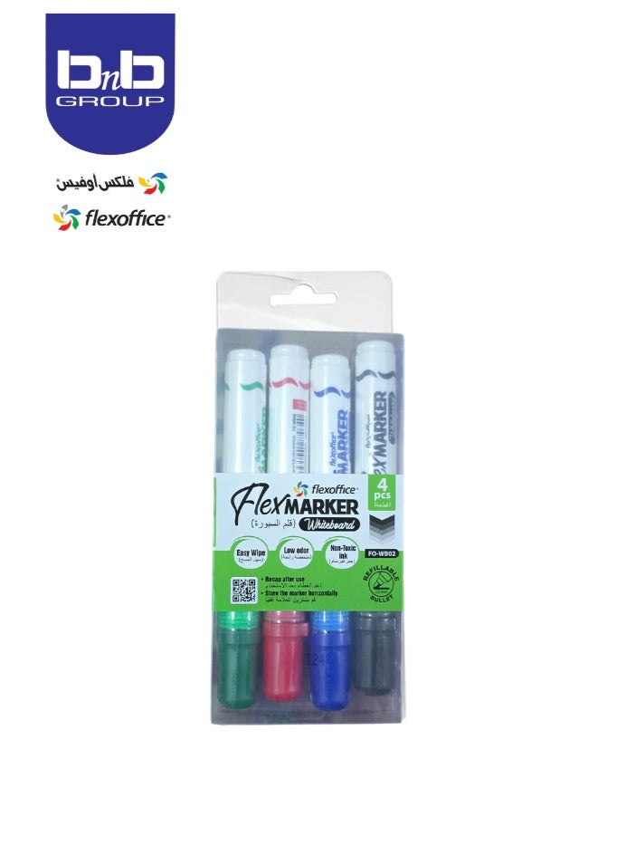 FLEXOFFICE WHITEBOARD Marker: Assortment, 4 pieces/box made of polypropylene, 2.5 mm beveled tip made of polyester for fine writing. - Image 1