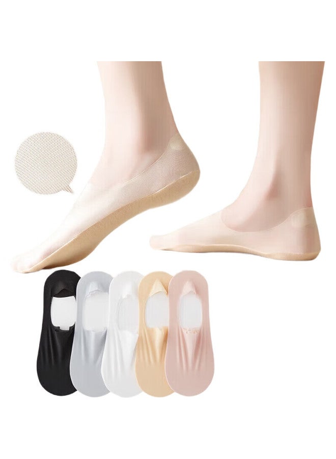 MIIOW 5-Pair Set Ice Silk Invisible Socks For Women, Boat Socks, Summer Thin Mesh Breathable Non-Slip Heel Socks, Ice Silk Short Socks For High Heels, Shallow Mouth, One Size Fits All - Image 3
