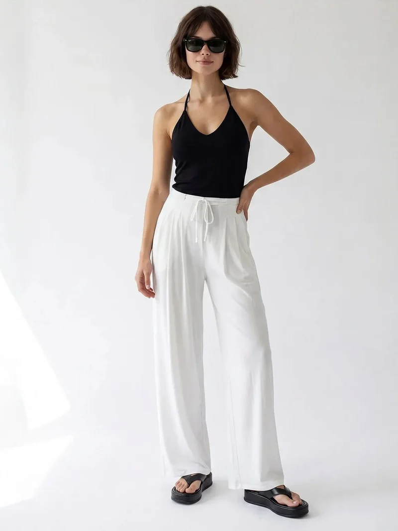 Mixray White MIXRAY Women's High-waist Wide-leg Jersey Trousers for Women | Best Price UAE