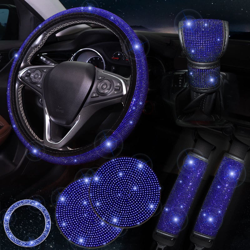ToBeQueen 7 Pack Bling Car Accessories Set for Women GirlBlue Diamond Steering Wheel Cover Set 15 inchSeat Belt PadStick Shift CoverPush Start Button Bling RingCar Coasters Blue