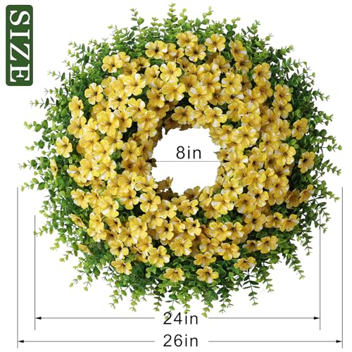 GLIDLION 26" Artificial Flower & Eucalyptus Wreath - Faux Starry Sky Morning Glory Flowers and Eucalyptus Leaves Wreath, Spring Summer Wreath for Wall Window Farmhouse Festival Party Decor (Yellow) - Image 5