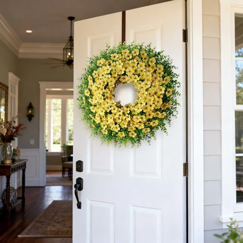 GLIDLION 26" Artificial Flower & Eucalyptus Wreath - Faux Starry Sky Morning Glory Flowers and Eucalyptus Leaves Wreath, Spring Summer Wreath for Wall Window Farmhouse Festival Party Decor (Yellow) - Image 4
