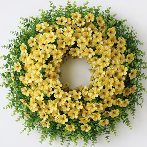 GLIDLION 26" Artificial Flower & Eucalyptus Wreath - Faux Starry Sky Morning Glory Flowers and Eucalyptus Leaves Wreath, Spring Summer Wreath for Wall Window Farmhouse Festival Party Decor (Yellow) - Image 1