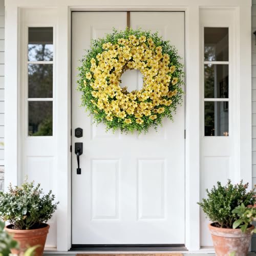 GLIDLION 26" Artificial Flower & Eucalyptus Wreath - Faux Starry Sky Morning Glory Flowers and Eucalyptus Leaves Wreath, Spring Summer Wreath for Wall Window Farmhouse Festival Party Decor (Yellow) - Image 2