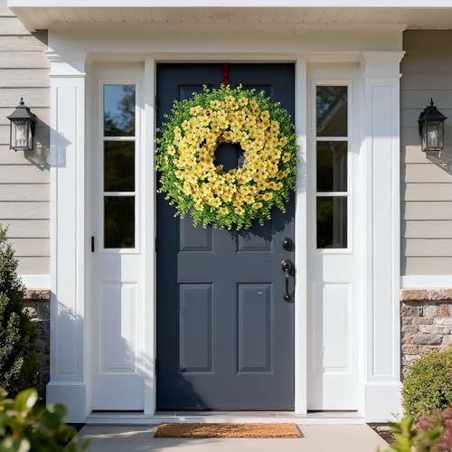 GLIDLION 26" Artificial Flower & Eucalyptus Wreath - Faux Starry Sky Morning Glory Flowers and Eucalyptus Leaves Wreath, Spring Summer Wreath for Wall Window Farmhouse Festival Party Decor (Yellow) - Image 3