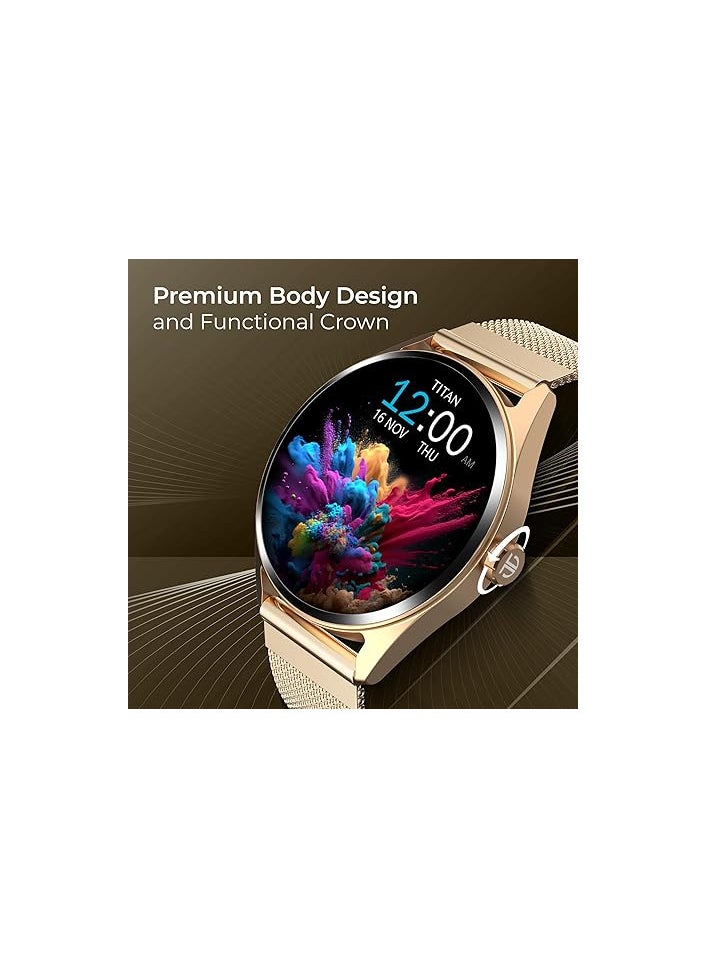 Titan Crest Premium Mesh Strap Smartwatch|1.43" AMOLED Display with AOD|466x466 Pixel Resolution|Functional Crown|SingleSync BT Calling|Advanced Chipset|100+ Sports Modes&WatchfacesIP68, Gold