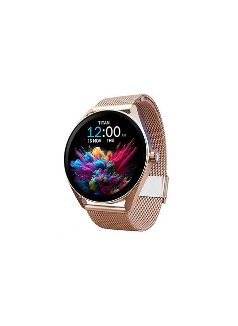 Titan Crest Premium Mesh Strap Smartwatch|1.43" AMOLED Display with AOD|466x466 Pixel Resolution|Functional Crown|SingleSync BT Calling|Advanced Chipset|100+ Sports Modes&WatchfacesIP68, Gold