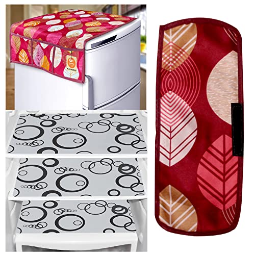 KANUSHI Industries® 1Pc Fridge Cover for Top with 6 Utility Pockets + 1 Handles Covers + 3 Fridge Mats (VAR-FRI-LONG-LEVS-MAROON-COMBO-M-15) - Image 1