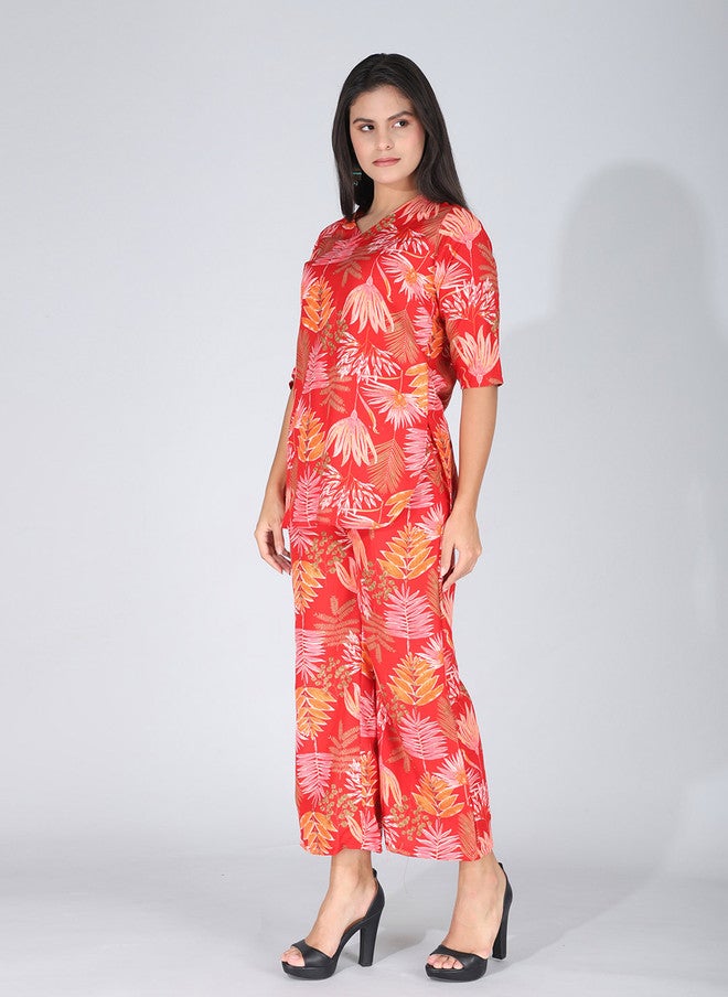 FIMS تونيك مطبوع على شكل V مع بنطلونات بالازو - Image 4