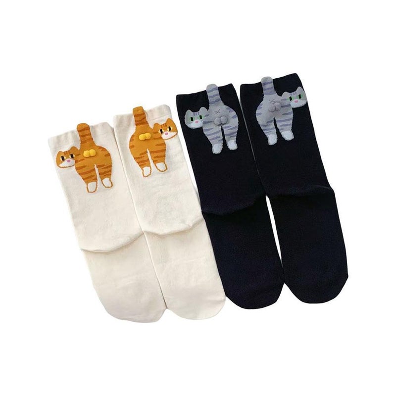 2pcs Summer Abstract 3D Cat Egg Socks Mid-Calf Socks Women's Cute and Funny Cat Japanese Style Long Socks - Image 2