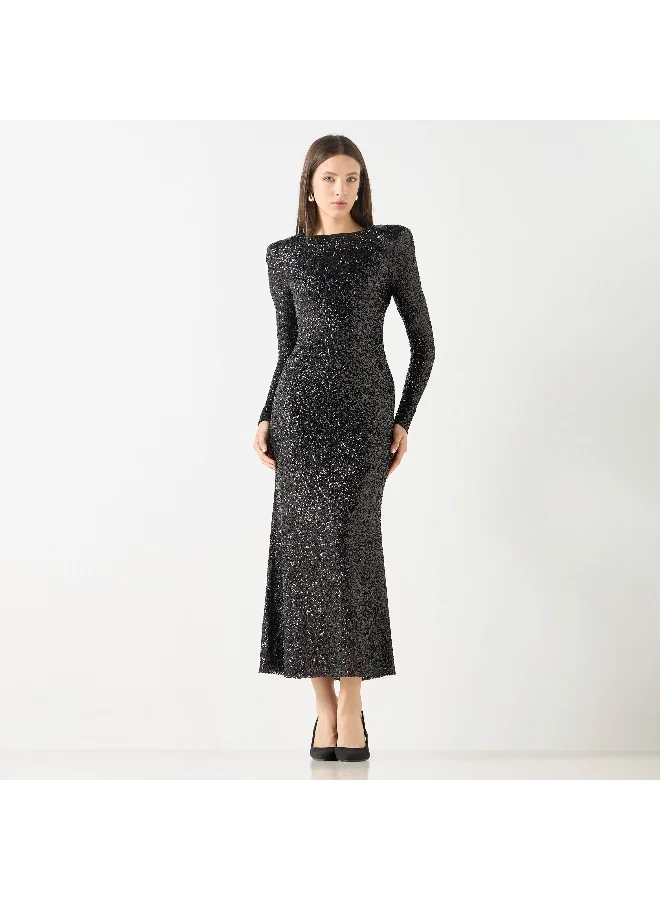 Iconic Iconic Sequin Embellished Maxi Dress with Round Neck and Long Sleeves