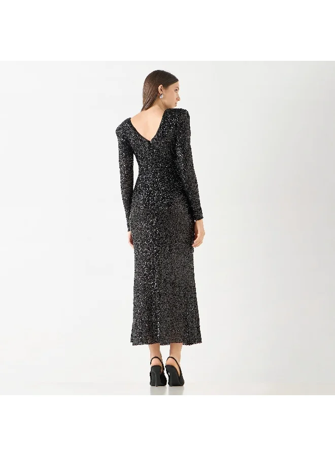 Iconic Iconic Sequin Embellished Maxi Dress with Round Neck and Long Sleeves