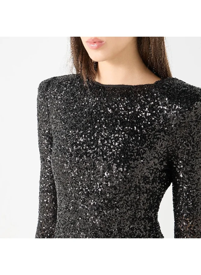 Iconic Iconic Sequin Embellished Maxi Dress with Round Neck and Long Sleeves