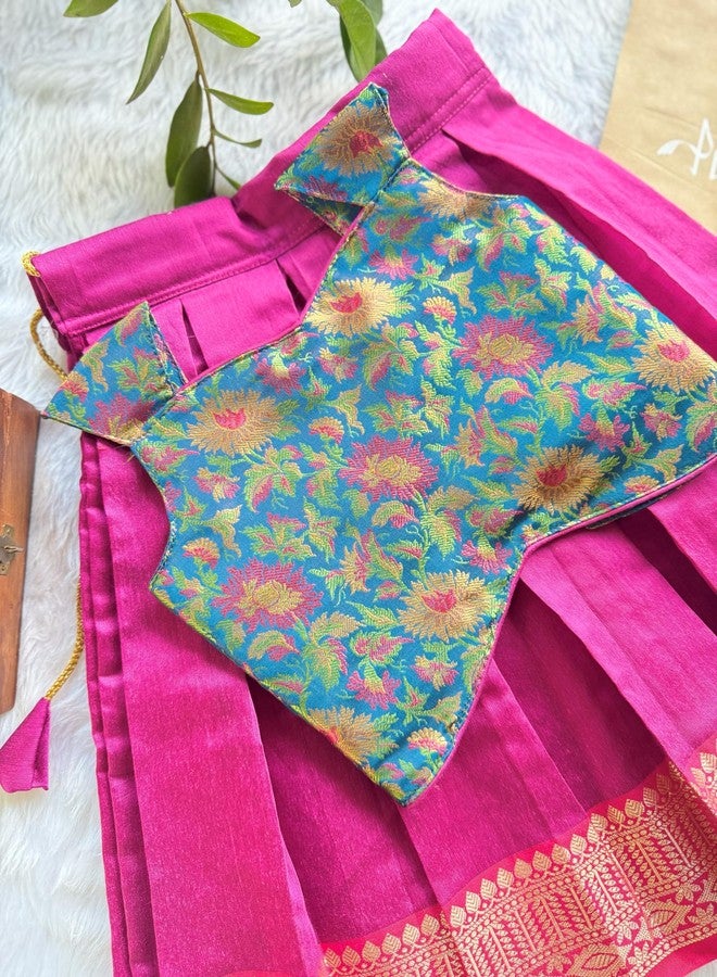 Picksparrow Baby Girl Lehenga Choli Set, Cotton Silk, Pink and Blue Floral, Traditional Festival Wear (6-12 Months) - Image 2