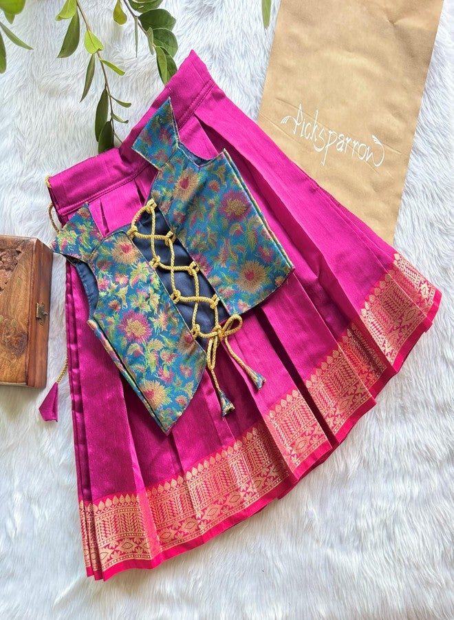 Picksparrow Baby Girl Lehenga Choli Set, Cotton Silk, Pink and Blue Floral, Traditional Festival Wear (6-12 Months) - Image 3