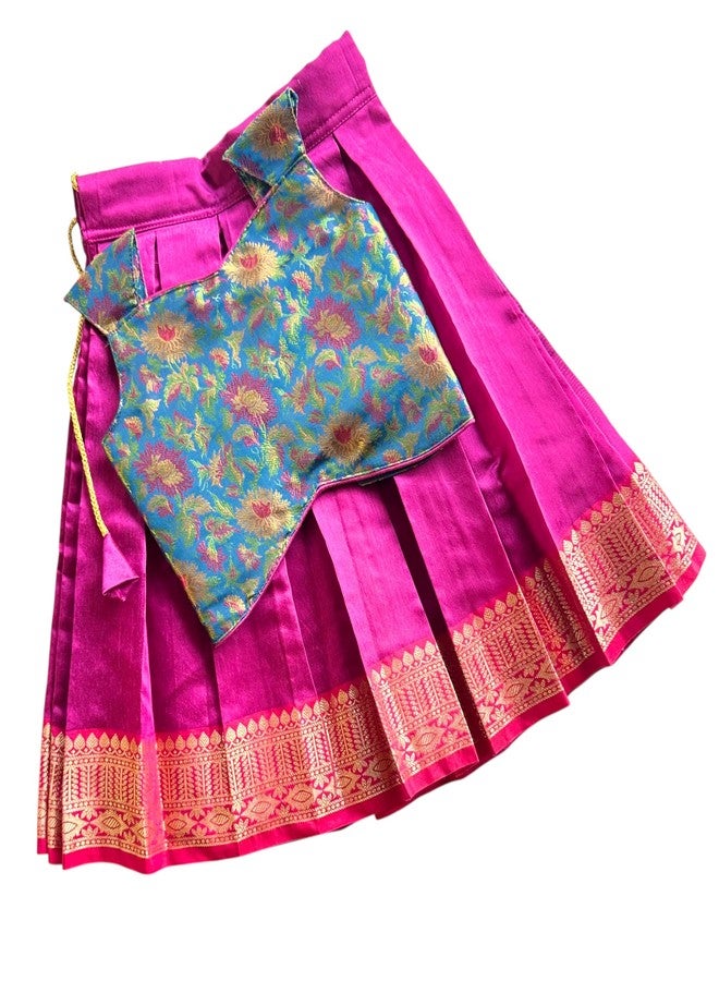 Picksparrow Baby Girl Lehenga Choli Set, Cotton Silk, Pink and Blue Floral, Traditional Festival Wear (6-12 Months) - Image 1