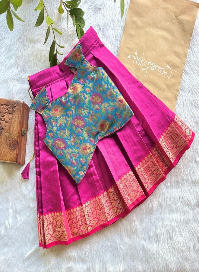Picksparrow Baby Girl Lehenga Choli Set, Cotton Silk, Pink and Blue Floral, Traditional Festival Wear (6-12 Months) - Image 4