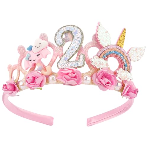 SuPoo 2nd Birthday Headband - Flower Crown for Girls Princess Tiara - Cute 2 Year Old Birthday Party Decorations Accessory - Image 1