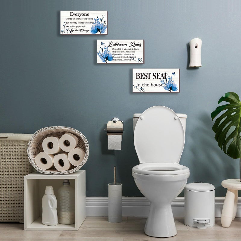 DONFENTHY 3-Piece Blue Bathroom Decor: Bathroom Rules Wall Art - Blue Flower Signs - 'Best Seat in The House' Rustic Farmhouse Wooden Sign (10x5 Inch) - Image 5
