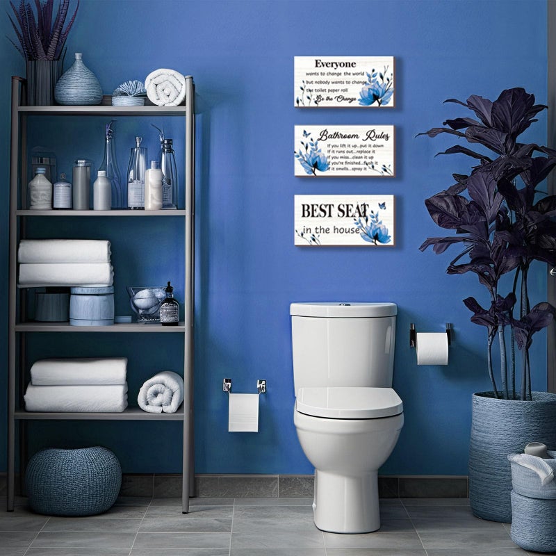 DONFENTHY 3-Piece Blue Bathroom Decor: Bathroom Rules Wall Art - Blue Flower Signs - 'Best Seat in The House' Rustic Farmhouse Wooden Sign (10x5 Inch) - Image 2