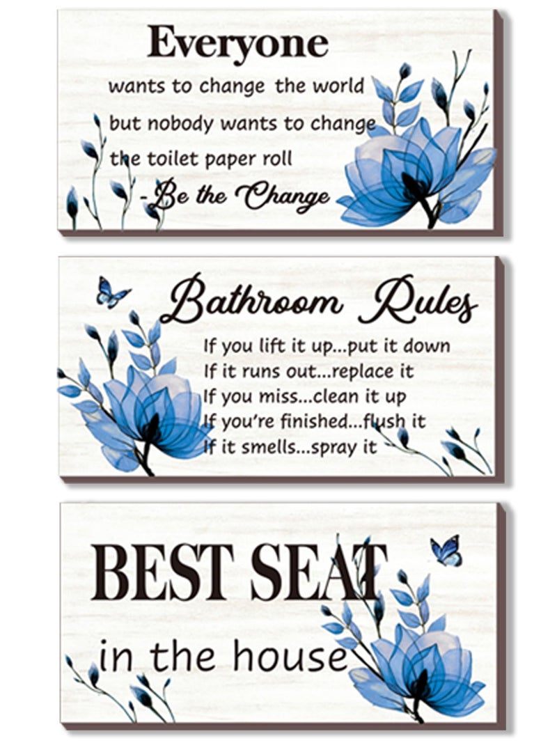 DONFENTHY 3-Piece Blue Bathroom Decor: Bathroom Rules Wall Art - Blue Flower Signs - 'Best Seat in The House' Rustic Farmhouse Wooden Sign (10x5 Inch) - Image 1