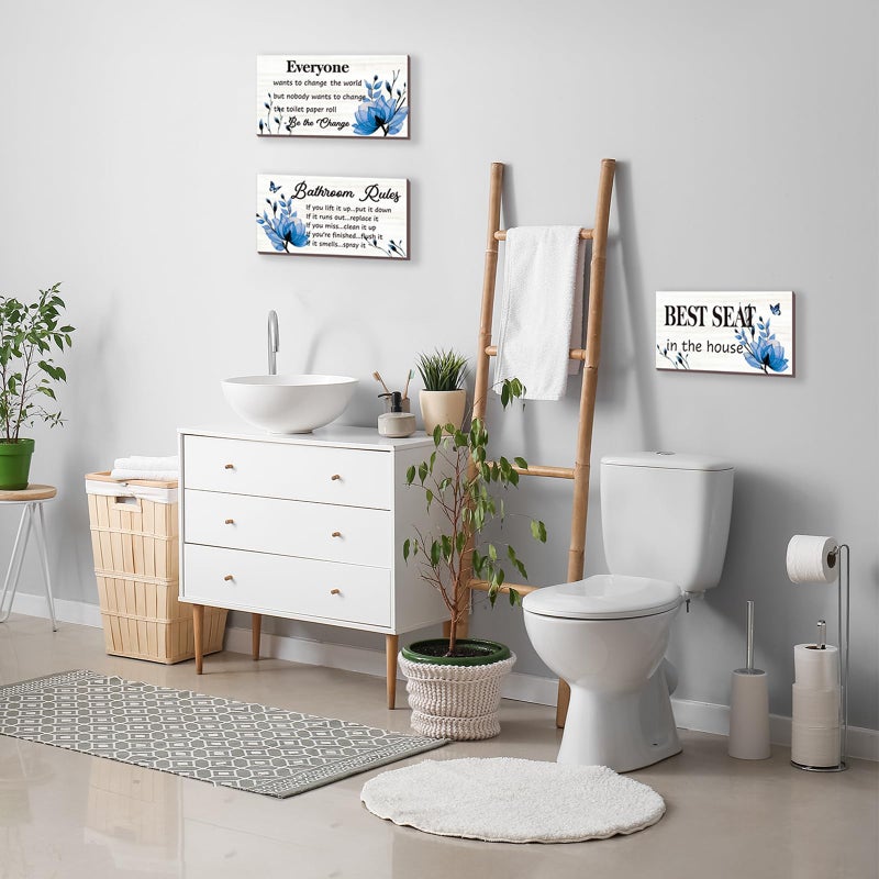 DONFENTHY 3-Piece Blue Bathroom Decor: Bathroom Rules Wall Art - Blue Flower Signs - 'Best Seat in The House' Rustic Farmhouse Wooden Sign (10x5 Inch) - Image 3
