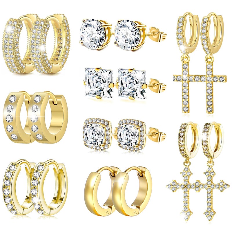 FEYIR 9 Pairs Earrings for Men Stainless Steel Small Hoop Earrings Hypoallergenic CZ Cross Dangle Earrings Cubic Zirconia Stud Earrings Huggie Men's Earrings Set - Image 1