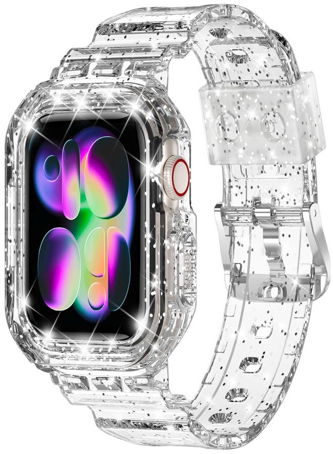 XYF Compatible for Crystal Clear Apple Watch Bands, 45mm 44mm 42mm Bumper Case for Men Women Jelly Sport Case Band for iWatch Ultra 2/1 Series 10 9 8 7 SE 6 5 4 3 2 1 (Glitter Clear, 42/44/45) - Image 1