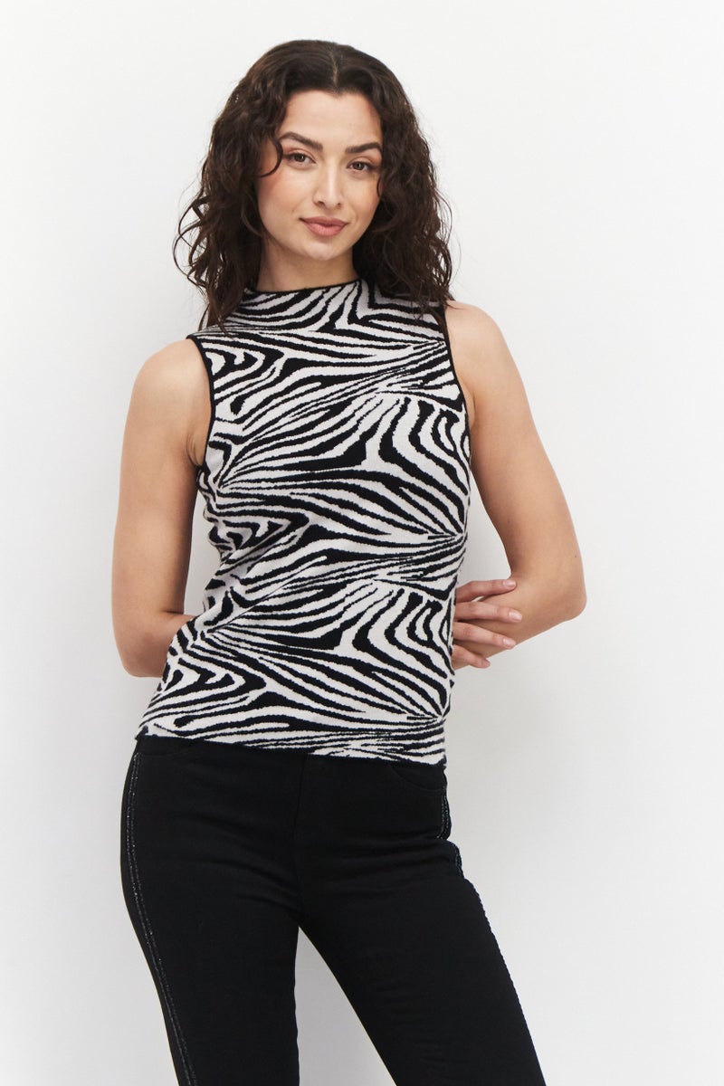 CARMEN MARC VALVO Women Mock Neck Animal Print Tank Top, Black - Image 1