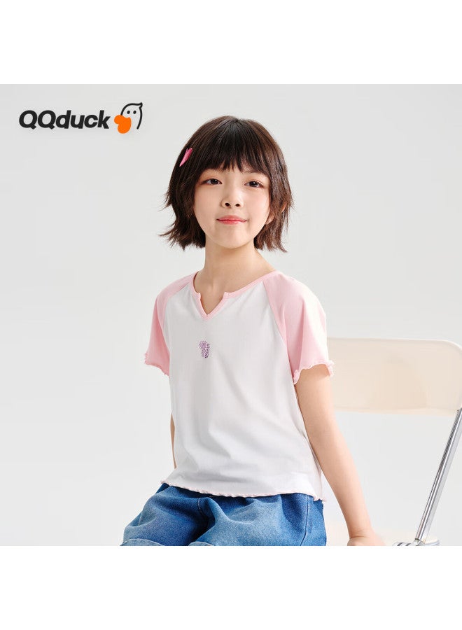 Qq Duck Girls' Short Sleeve T-Shirt Children'S Summer Clothing Student Hot Drilling Top Teenage Clothes Hemming Love White; 150 - Image 2