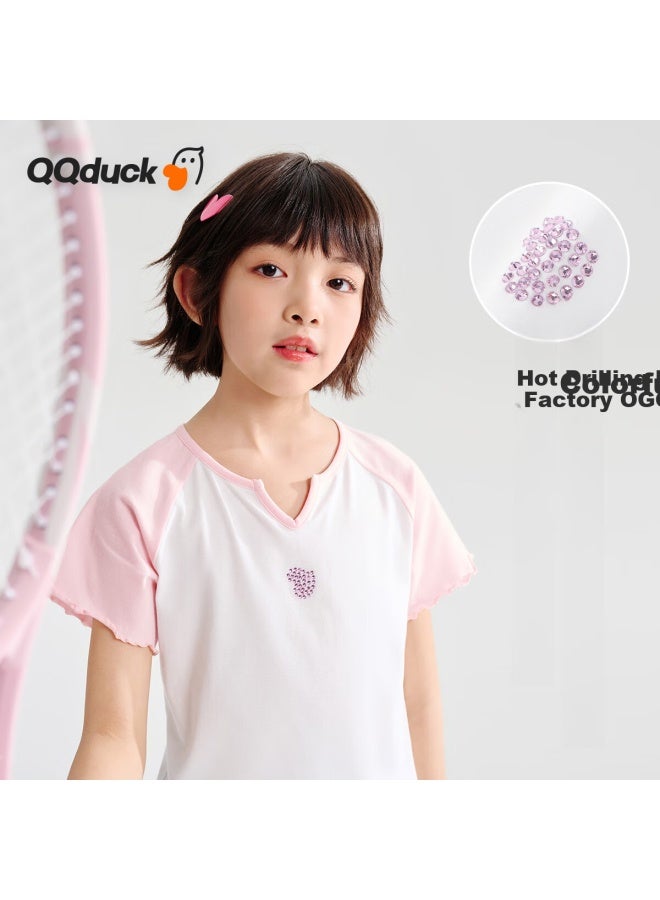 Qq Duck Girls' Short Sleeve T-Shirt Children'S Summer Clothing Student Hot Drilling Top Teenage Clothes Hemming Love White; 150 - Image 3