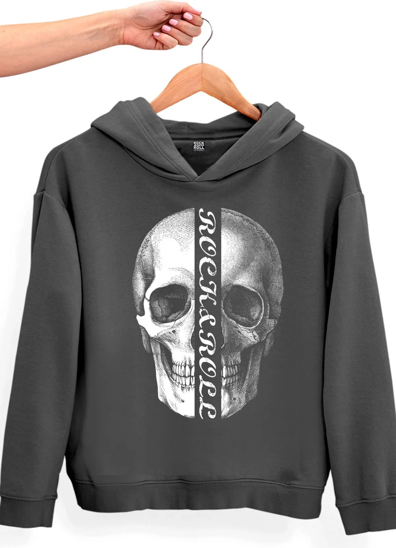 Rock&Roll Half Skull Anthracite Oversize Hooded Thick Women's Sweatshirt