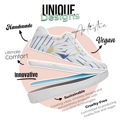 DOGO White Sneakers for Women - Handmade Women's Fashion Sneakers, Vegan Leather and Unique Design Dice Sneakers Daisy Stripes Design, Size 6 - Image 3