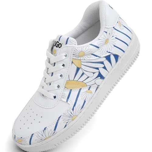 DOGO White Sneakers for Women - Handmade Women's Fashion Sneakers, Vegan Leather and Unique Design Dice Sneakers Daisy Stripes Design, Size 6 - Image 1