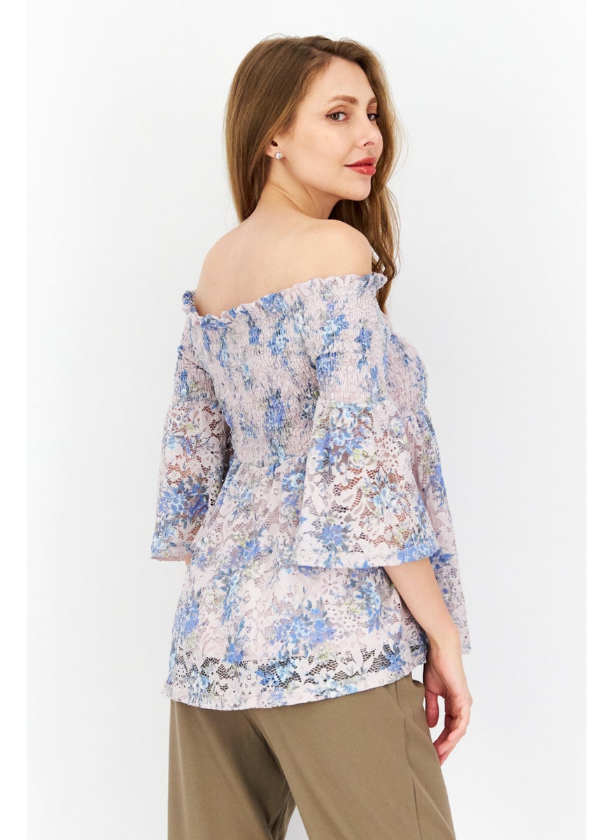 Women Off Shoulder Bell Sleeve Floral Print Top, Peach - pzsku/Z94F4FA391D502120E321Z/45/_/1724350977/9ce2af96-b6f9-4036-ac07-48e96650a402