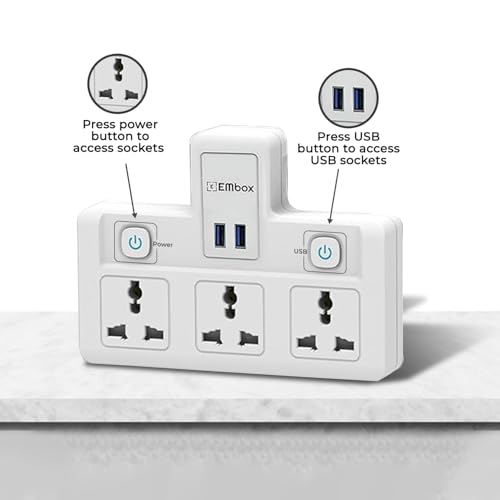 EMBOX Multi Plug Socket with Individual Switch|USB Cordless Extension Board|3 Universal Sockets-Multiplug -1500W - Image 2