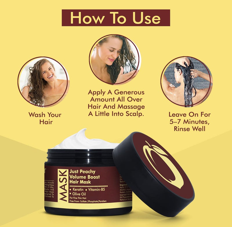 Just Peachy Volume Boost Hair Treatment Mask | Keratin ; Olive Oil & Pro Vitamin B5 | Color Safe | For Fine & Thin Hair | No Sulfate, Paraben, Phosphates | 100% Vegan | 200ml - Image 4