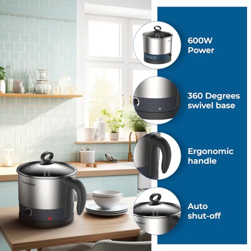 Crompton Multi-Purpose Kettle 1 Ltr Temperature Control Knob | 360-degree swivel base | Robust Stainless Steel Body | LED Indicator | Safety - Auto Shut-Off | Ergonomic Handle | Wide Mouth - Image 3