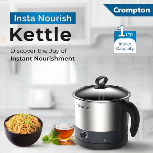 Crompton Multi-Purpose Kettle 1 Ltr Temperature Control Knob | 360-degree swivel base | Robust Stainless Steel Body | LED Indicator | Safety - Auto Shut-Off | Ergonomic Handle | Wide Mouth - Image 2