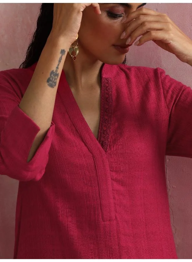 trueBrowns Magenta Cotton Dobby Kurta Set