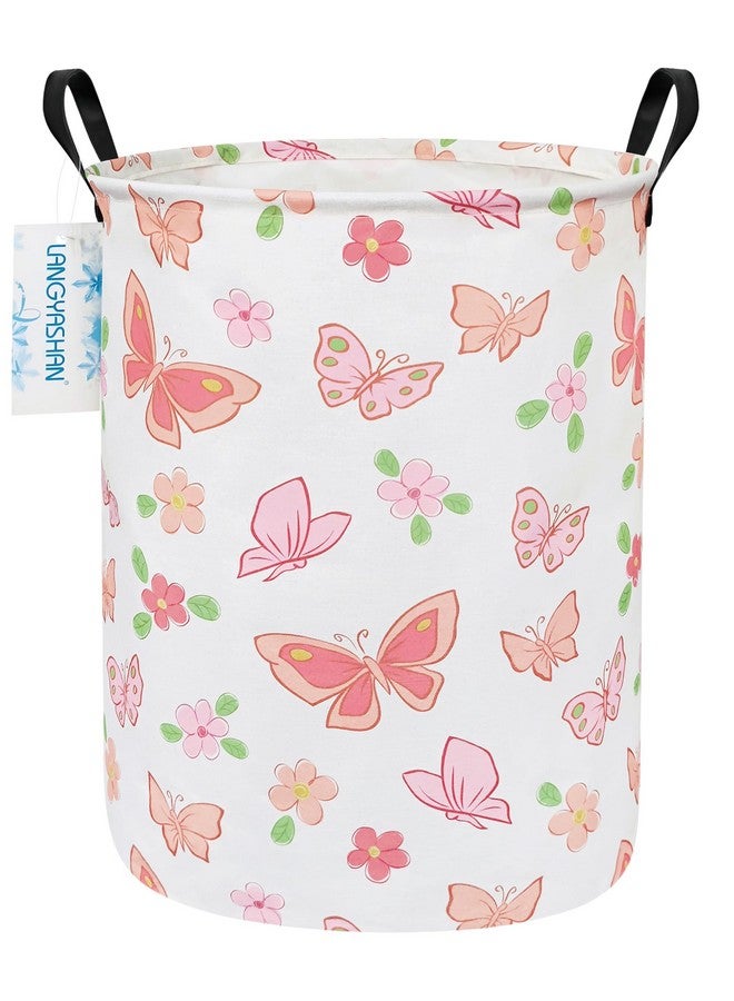 LANGYASHAN Laundry Basket Canvas Fabric Collapsible Organizer Basket for Storage Bin Toy Bins Gift Baskets Bedroom Clothes Children Nursery Hamper (Pink Butterfly) - Image 1