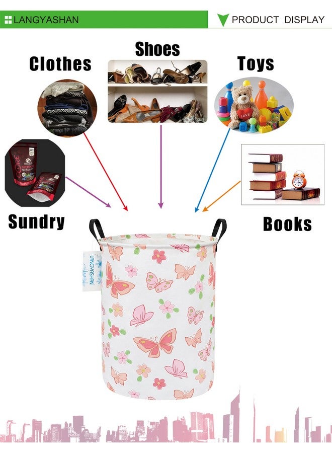 LANGYASHAN Laundry Basket Canvas Fabric Collapsible Organizer Basket for Storage Bin Toy Bins Gift Baskets Bedroom Clothes Children Nursery Hamper (Pink Butterfly) - Image 4