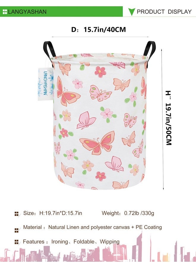 LANGYASHAN Laundry Basket Canvas Fabric Collapsible Organizer Basket for Storage Bin Toy Bins Gift Baskets Bedroom Clothes Children Nursery Hamper (Pink Butterfly) - Image 2