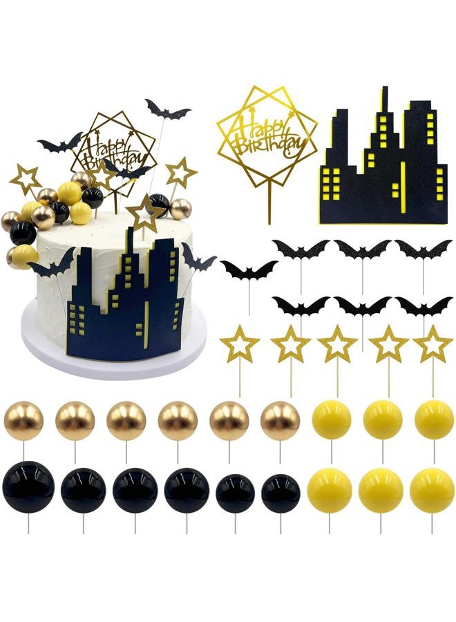 Firleayo 32pcs Bat Cake Topper Bat Themed Cake Decorations Glitter Bats Cupcake Topper Gold Yellow Black Ball Cupcake picks Hero Theme for Boys Men Birthday Party Baby Shower Supplies - Image 1